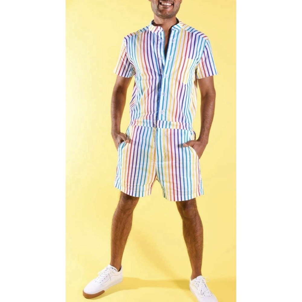 Romphim Original XL Pride Rainbow Romper Men Festival Button Front Zipper Shorts